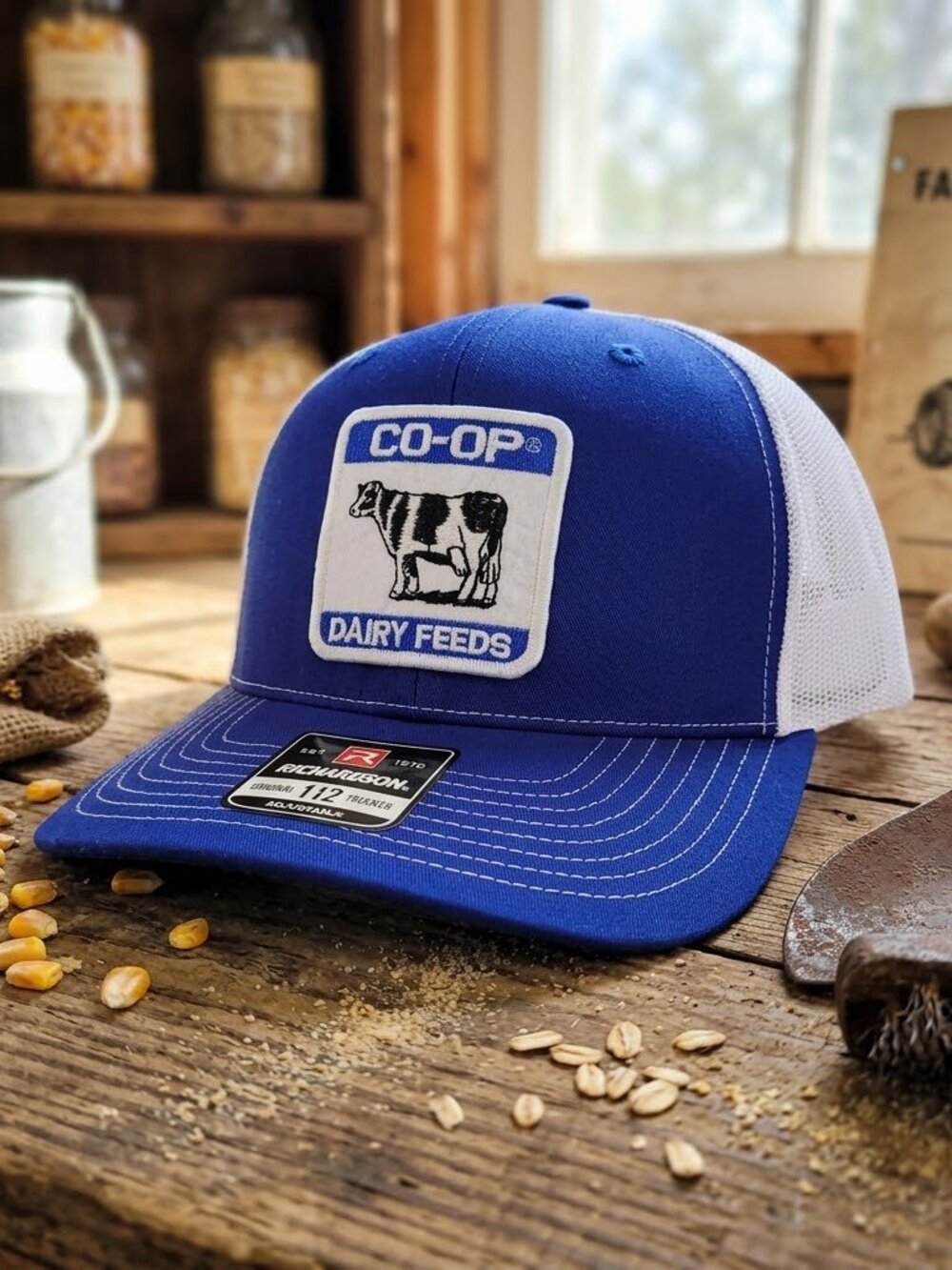 Retro Co-Op Dairy Feeds Hat Cow Patch Royal Blue White Richardson 112 Cap USA Ne